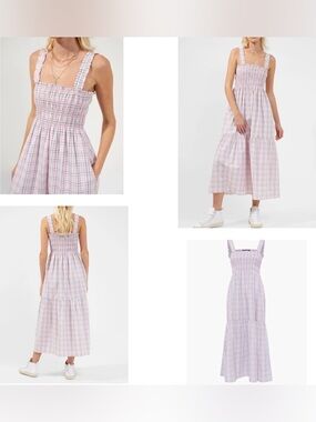 NWT | French Connection | Pink & Grey Check Smocked Midi Sun Dress | Size Large